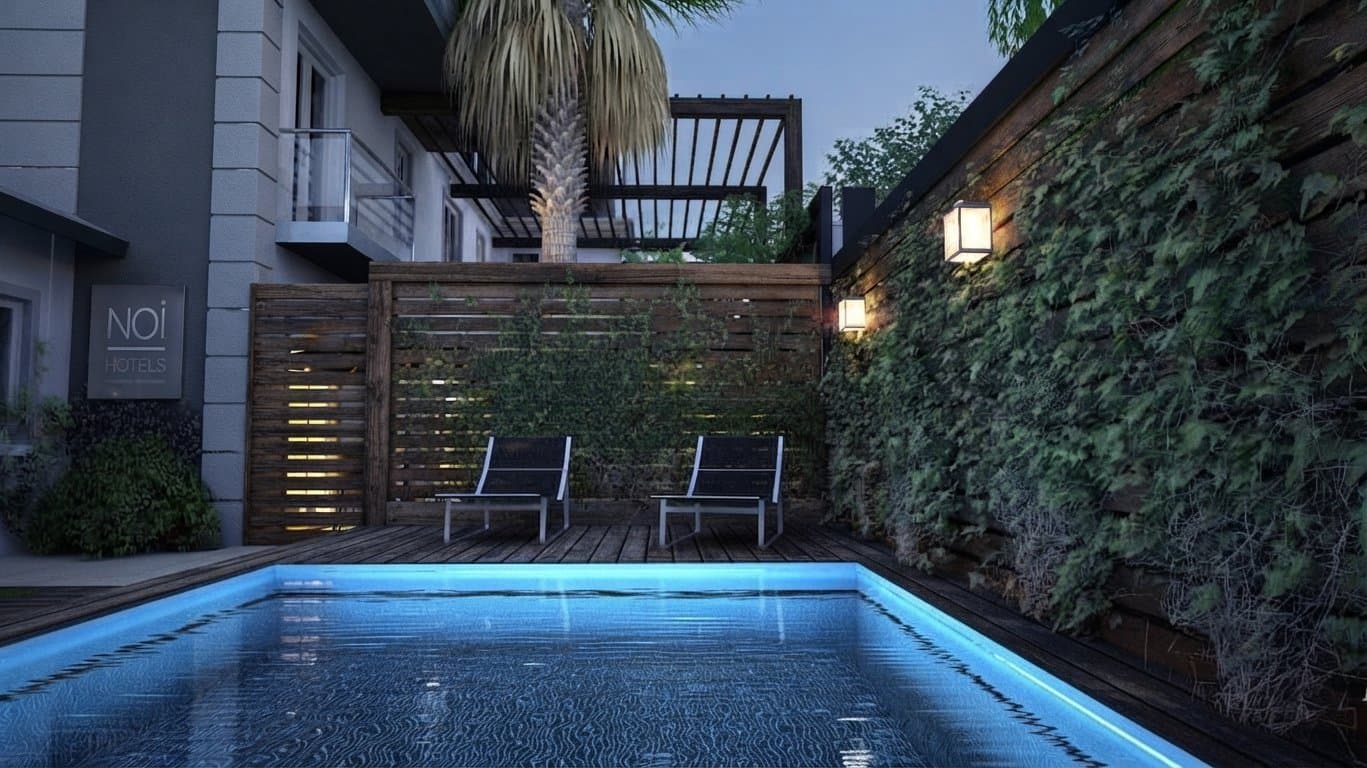 Piscina con palmera de proyecto residencial nocturno