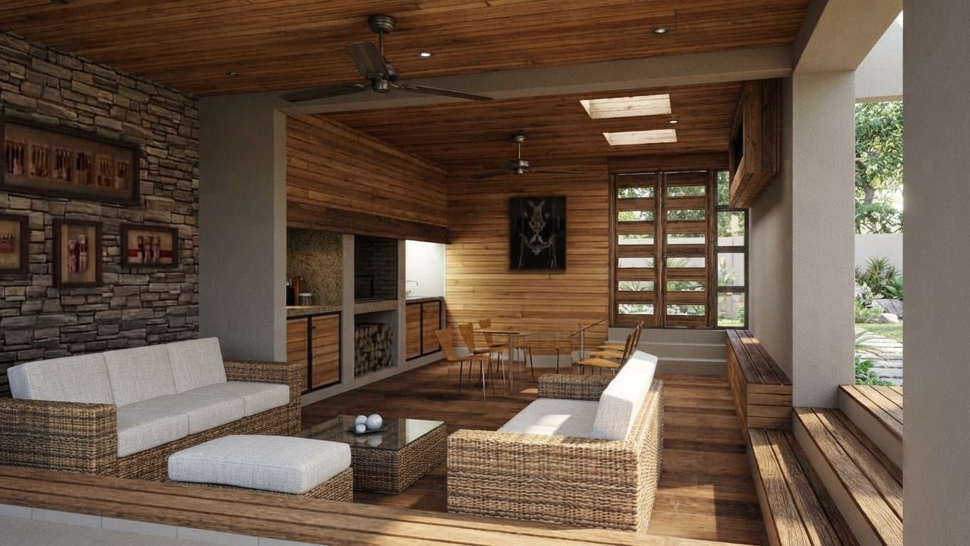 Living interior con revestimiento en madera