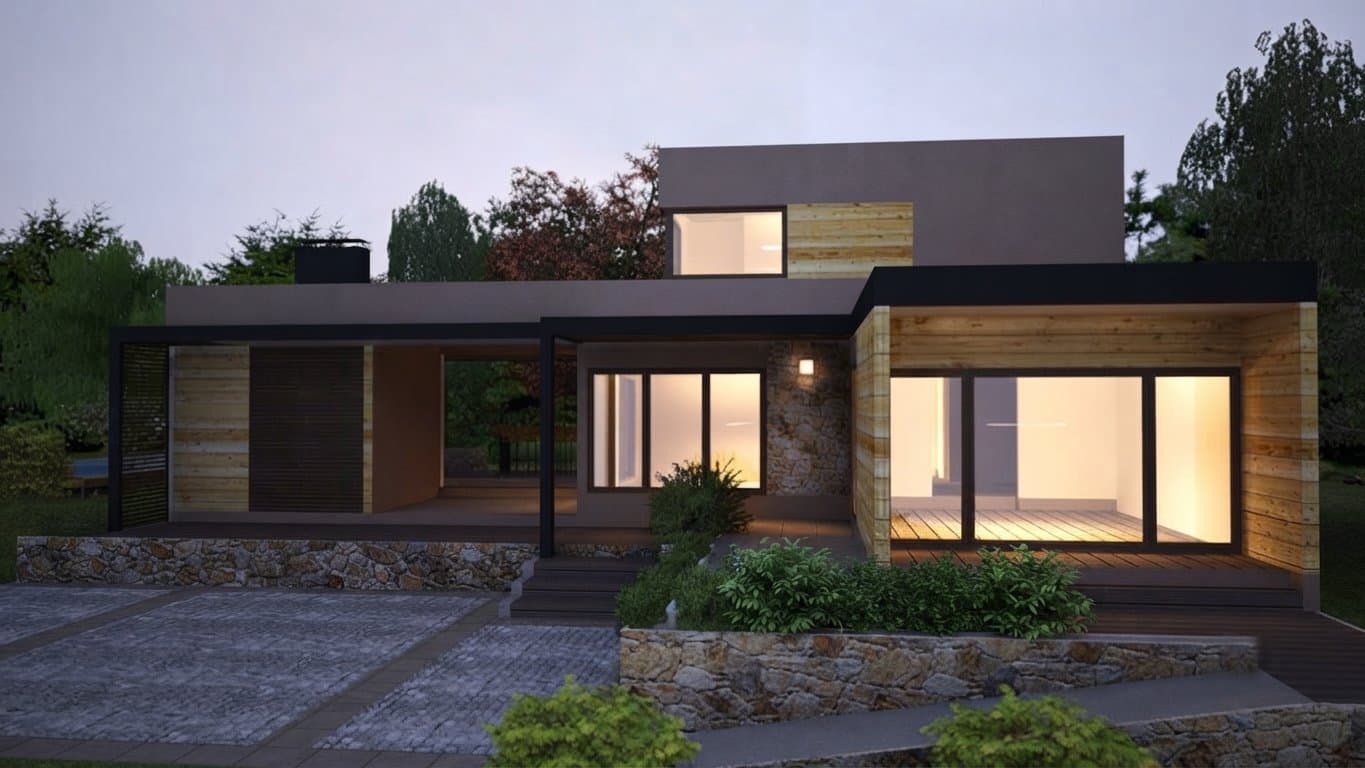 Fachada de casa con revestimiento en madera al atardecer